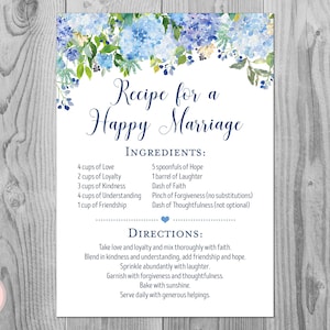 Blauwe Hortensia Een Recept voor een Gelukkig Teken van het Huwelijk Afdrukbaar Teken, Huwelijksdouche, Bruids doucheteken, Bruids doucheactiviteit, Afdrukbaar teken TH84