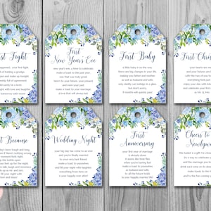 Blue Hydrangea Milestone Wedding Tags, Wine Tag Firsts, milestone wine labels wedding, marriage milestone labels, gift for couple TH84