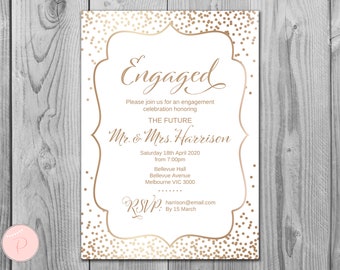 May include: A white engagement invitation with gold confetti and a gold border. The text reads "Engaged" and includes the names "Mr. & Mrs. Harrison" and the date "Saturday 18th April 2020".