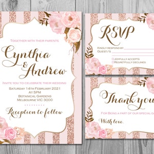 Conjunto de convites de casamento personalizados em ouro rosa, convites de casamento para impressão, convite para festa de noivado, personalizado, casamento WD90 TH55 WI32