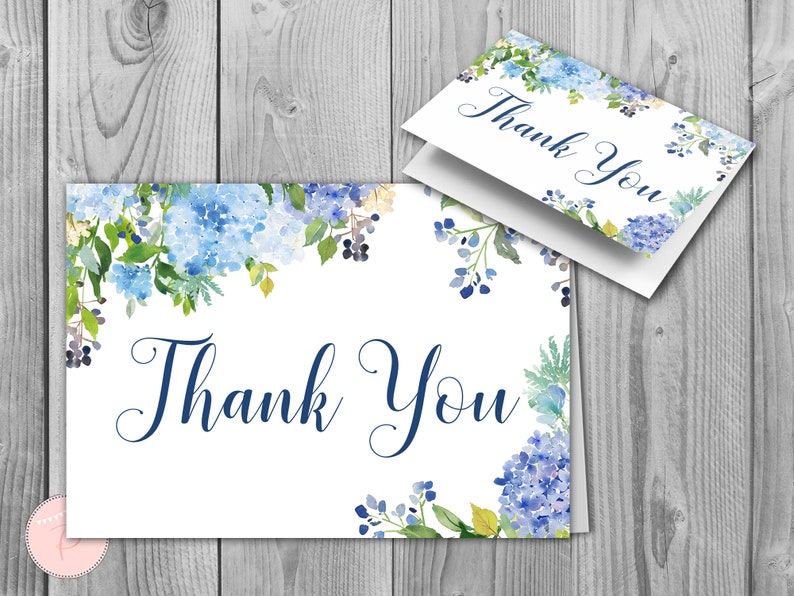 Editable Blue Hydrangea Wedding Thank You Cards, Foldable Thank You ...