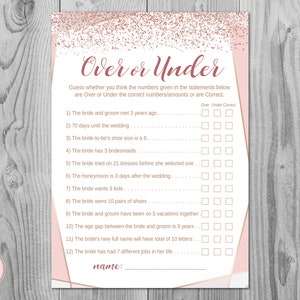 Rose Gold Over or Under Bridal Shower Games, Over or Under the Number, Whats in your Purse Alternate, Bachelorette Game, Hens Game TH95.1