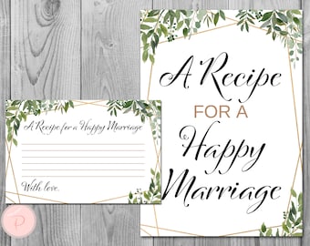 Greenery A Recipe for a Happy Marriage Printable Card, Wedding Shower, Bridal shower game, Bridal shower activity, Printable Game TH93