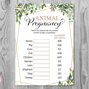 Greenery Animal Pregnancy GAME, Animal Gestation game, Pregnancy Guessing Game, Rustic Baby Shower Game, Gender Neutral TH93 BABY