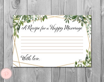 Greenery A Recipe for a Happy Marriage Printable Card, Wedding Shower, Bridal shower game, Bridal shower activity, Printable Game TH93