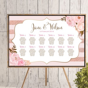 Rose Gold Printable Custom Wedding Seating Chart, Affiche de sièges de mariage, Signe de sièges roses, Conseil de sièges, Fichier numérique DIY WD90 TH55 WC134