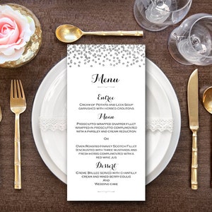 Silver Menu de mariage personnalisé, Custom Wedding Menu Printable, Modèle menu de mariage , Menu douche TH63 dd WM176