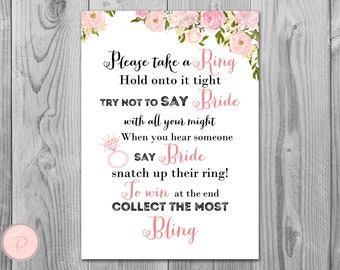 Pink Peonies Don't Say Bride Game, Don't Say a word Game, Take a Ring Game, Bridal shower game, Bridal shower activity, Printable WD67 TH18