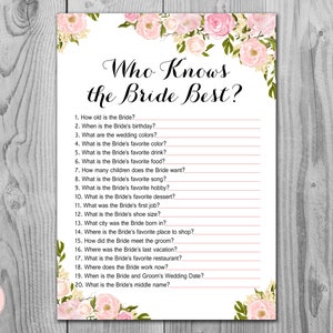 Pink How well do you know the Bride game, Who knows the bride best, Engagement , Bridal shower Game Printable, Instant Download WD67 TH18