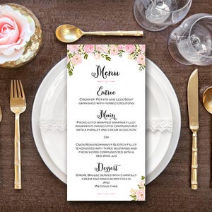 Pioenrozen gepersonaliseerde bruiloft menu, pioenrozen aangepaste bruiloft menu afdrukbaar, roze bruiloft menu sjabloon, douche menu WD67 TH13 WM115