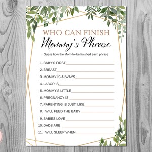 Greenery Who Can Finish Mommy&#39;s Phrase Baby Shower Game, Finish Mommy&#39;s Phrase, Printable Instant Download, Baby Shower Games TH93