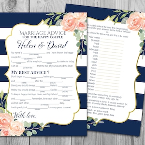 Cartões de conselhos de casamento florais marinho e dourado, cartões de conselhos de casamento, Wedding Mad Libs, chá de panela Mad Libs, cartões de conselhos de Bridal Mad Libs TH74