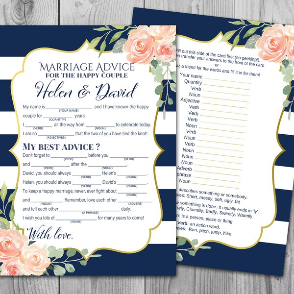 Navy & Gold Floral Marriage advice cards, Marriage advice cards, Wedding Mad Libs, Bridal Shower Mad Libs, Bridal Mad Libs advice cards TH74