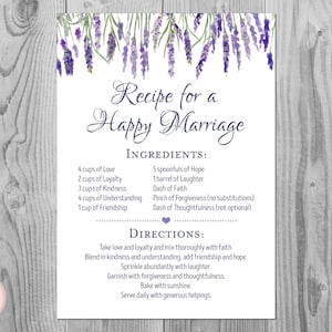 Lavendel een recept voor een gelukkig huwelijk afdrukbaar teken, bruiloft douche, bruids douche teken, bruids douche activiteit, afdrukbare teken TH85