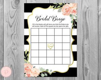 Black & Gold Floral Bridal Shower Bingo Cards, Printable Bridal Bingo, Gift Item Bingo, Bridal shower game activity, Printable Game TH74.2