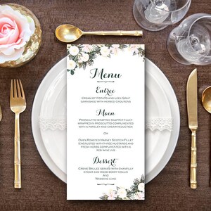 Blanco Floral imprimible menú de la boda, menú de la boda personalizado imprimible, plantilla del programa de la boda - archivo digital, impresión DIY WD74 TH21 WM40