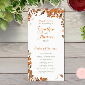Programme de mariage imprimable feuilles d’automne, programmes de mariage personnalisés imprimables, modèle de programmes - fichier numérique, impression DIY WD84 TH52 PR15