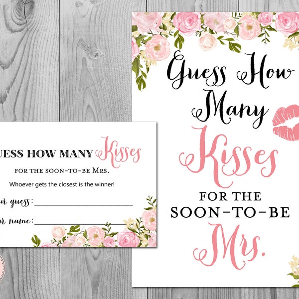 Peonies Guess How Many Kisses, Bridal Shower Game, Rustic Mason Jar, Bridal Shower Guessing Games, Bachelorette, Wedding WD67 TH18 TH13