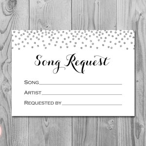 Zilveren Confetti bruiloft lied verzoekkaart, bruiloft RSVP met liedverzoek, afdrukbare liedverzoekkaart, Instant Download TH63