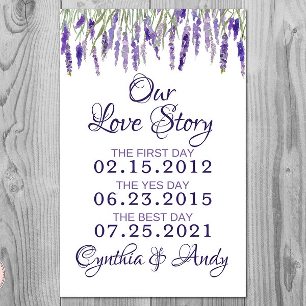 Lavender Floral Personalized Our Love Story Sign, Special Dates Sign, Wedding Date Sign, Wedding Gift, Bridal Shower Gift TH85