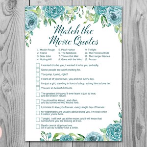 Teal Floral Movie Matching Game, Famous Love Quote Movie Game, Bridal shower game, Bridal shower activity, Printable Game TH77