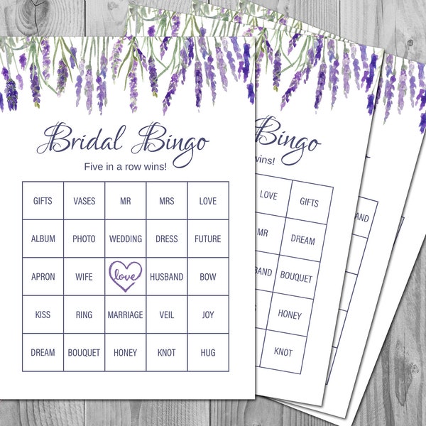 50 Lavender Bridal Shower Bingo Cards, Prefilled Bridal Shower Bingo cards, Couples shower Bingo Cards, Instant Printable TH85