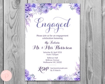 Purple Floral Printable Engagement Party Invitation, Personalized Invitation, Wedding Invitation, Purple Invite, Magenta Engagement, TH53 dd