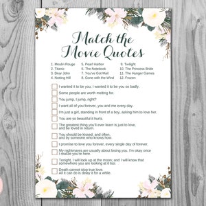 White Floral Movie Matching Game, Famous Love Quote Movie Game, Bridal shower game, Bridal shower activity, Printable Game WD74 TH21