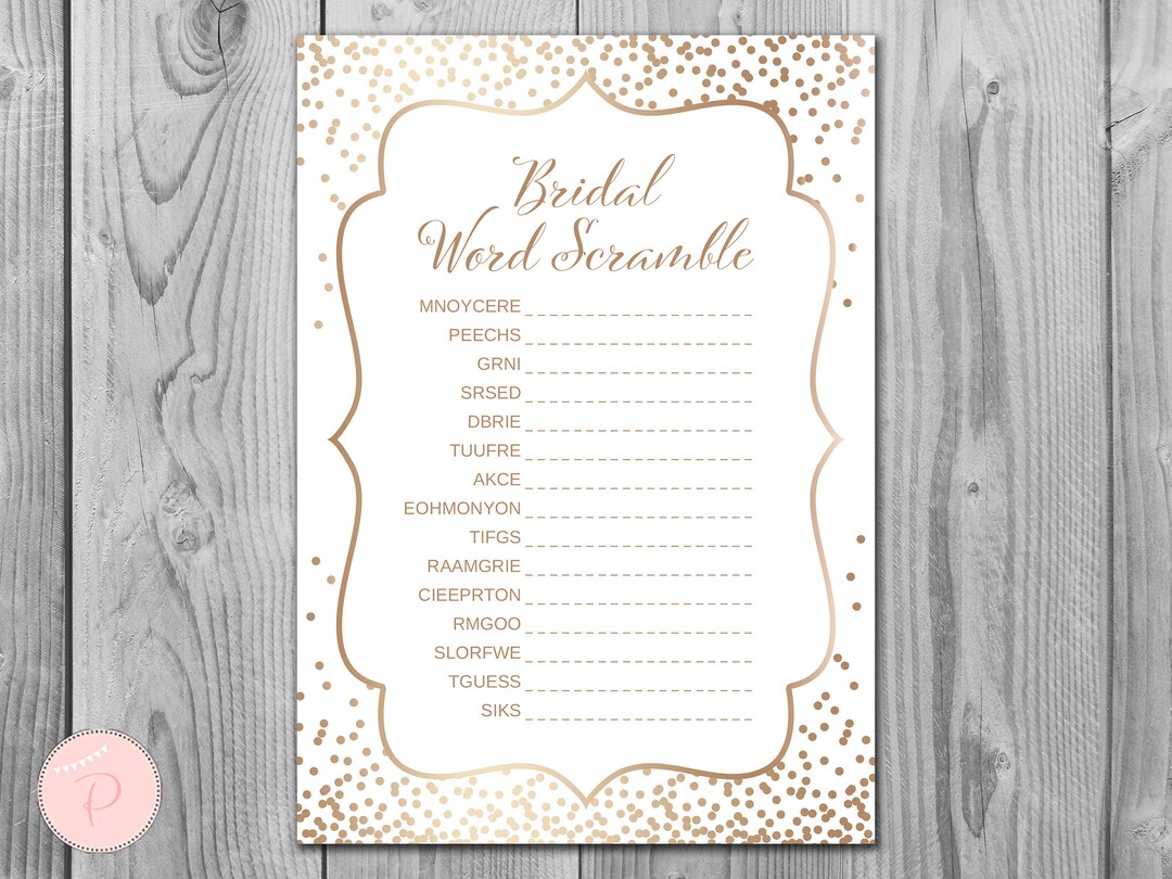 Gold Confetti Bridal Word Scramble Bridal Shower Game, Unscramble, Bridal Shower Games, Bridal