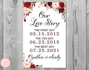 Marsala Floral Personalized Our Love Story Sign, Special Dates Sign, Burgundy Wedding Date Sign, Wedding Gift, Bridal Shower Gift TH99