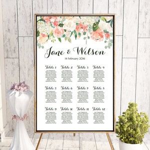 May include: A wedding seating chart with a floral design featuring pink and white flowers. The chart lists the names of guests assigned to each table number. The chart is titled "Jane & Wilson" and the date "14 February 2016".