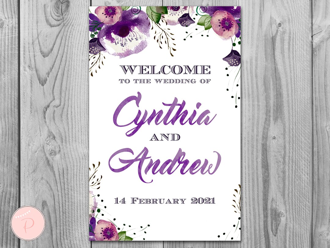 Purple Floral Personalized Welcome Wedding Sign, Printable Wedding Sign ...