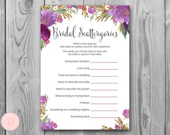 Purple Floral Scattergories Bridal Shower Games, Scattergories Wedding shower game, Bridal shower activity, Printable Game TH59