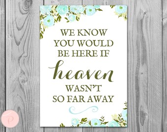 Cyan Floral Remembrance Printable sign, We know you would be here if heaven wasn't so far away, Wedding decoration sign WD76 TH24