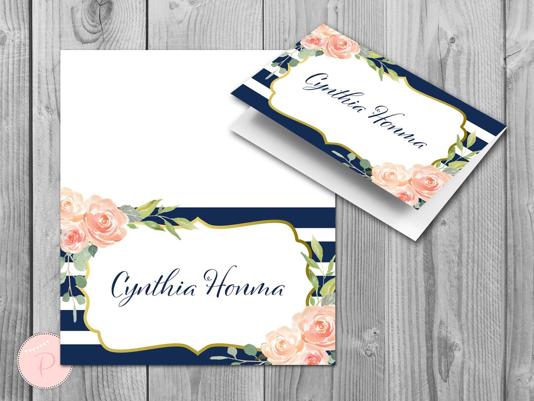 Navy Gold 50 Download File Wedding Name Cards, Navy Floral Name Tags ...