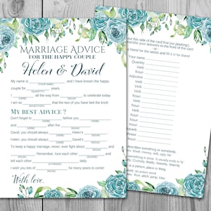 Cartes de conseils de mariage floral de Sarcelle, mariage Mad Libs, jeu de mariage imprimable, jeu de mariage imprimable, activités de mariage, jeu imprimable TH77