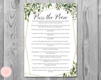 Greenery Pass the Prize, Rhyme Game, Baby Shower Game, Gender Neutral Baby Shower, Baby Shower Idea, Rustic Baby Shower Games TH93