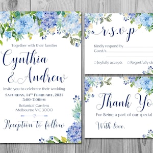 Blue Hydrangea Invito di nozze floreale, Matrimonio stampabile, doccia da sposa, baby doccia, personalizzato, Invito Suite TH84 WI66