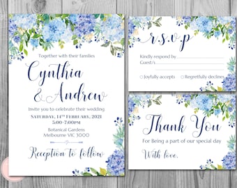 Blue Hydrangea Floral Wedding Invitation, Wedding Printable, Bridal Shower, Baby Shower, Personalized, Invitation Suite TH84 WI66