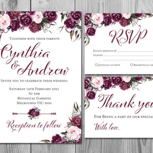 Invito di nozze, Marsala Floral Matrimonio stampabile, Doccia da sposa, Bambino Doccia, Personalizzato, Bordeaux Invitation Suite TH86 WI67