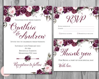 May include: Wedding invitation with burgundy floral border. The invitation reads "Together with their parents, Cynthia & Andrew invite you to celebrate their wedding, Saturday 14th February 2021 at 5pm, Botanical Gardens, Melbourne VIC 3000. Reception to follow."