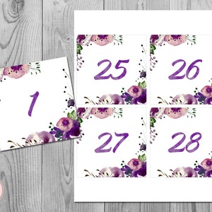 Purple Floral Wedding Table Numbers Printable, DIY Table Number Sign, Wedding Table Numbers - Digital File, DIY Print WD83 TH43 TN12