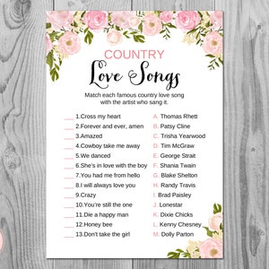 Peonies Country Love Songs Game, Famous Love Songs Game, Bridal shower games, Bridal shower activity, Printable Game WD67 TH13