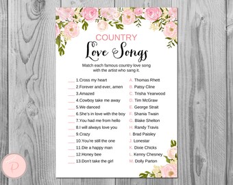 Peonies Country Love Songs Game, Famous Love Songs Game, Bridal shower games, Bridal shower activity, Printable Game WD67 TH13