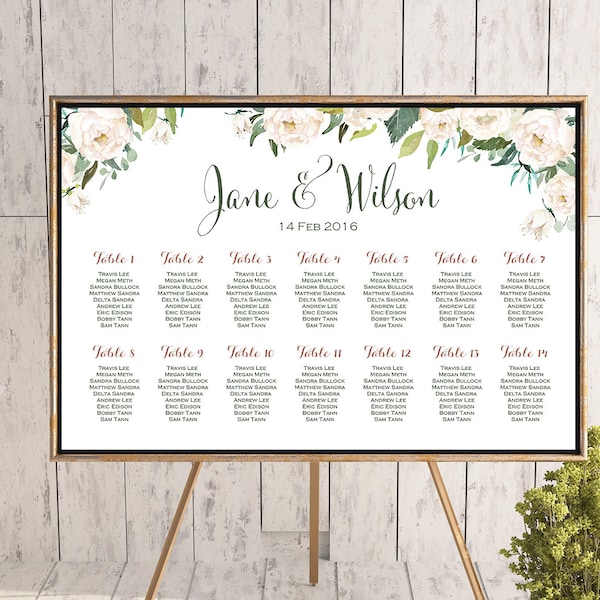 Bröllopsbordslista, Off White Flower Printable Custom Wedding Sitting Poster, Bröllopsbordsskylt, Bröllopsbordstavla - TH61 dd WC141