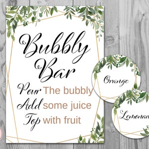 Greenery Bubbly Bar Sign, Mimosa Bar Sign, with Round Juice Tags, Printable Sign, Wedding Decoration Sign, Bridal Shower Decoration TH93