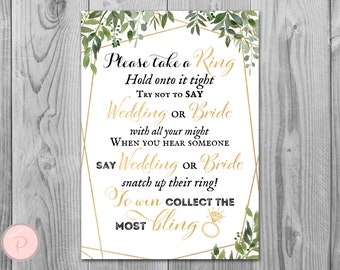 Greenery Don't Say Bride or Wedding Game, Don't Say a word Game, Take a Ring Game, Bridal shower game, Shower activity, Printable TH93