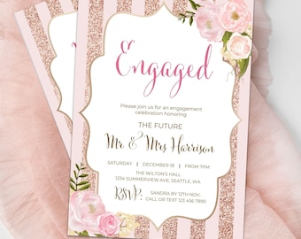 Convite de Noivado Imprimível em Rosa Dourado e Rosa, Convite Editável, Convite de Casamento, Floral Rosa, WD90 TH55