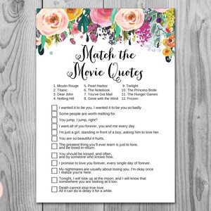 Garden Floral Movie Matching Game, Famous Love Quote Movie Game, Bridal shower game, Bridal shower activity, Printable Game TH15 WD70