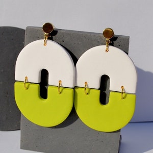 Funky White and Neon Lime Green Polymer Clay Statement Earrings Lightweight image 1